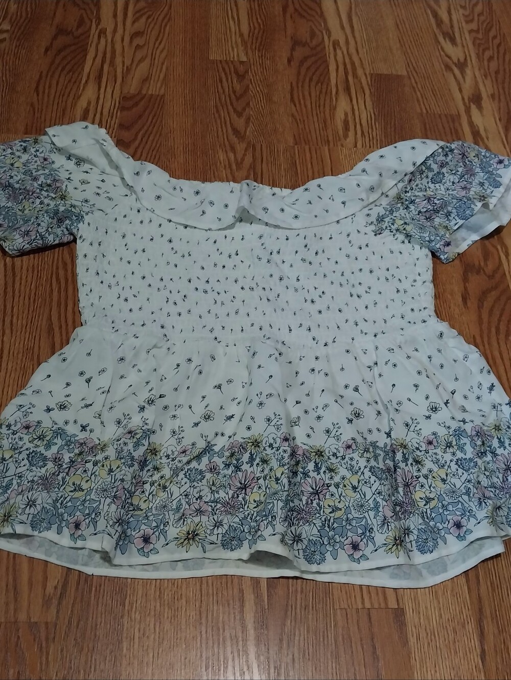 Maurices Floral Off-Shoulder Top Women Size XL Smocked Peplum Blouse White Black - Picture 7 of 13